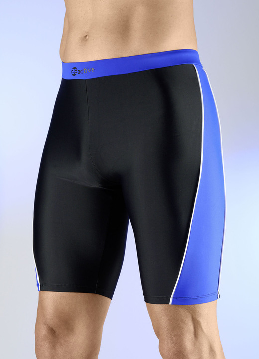 Badehosen - Badelongpants mit blauen Einsätzen, in Größe 004 bis 010, in Farbe SCHWARZ-ROYALBLAU-WEISS
