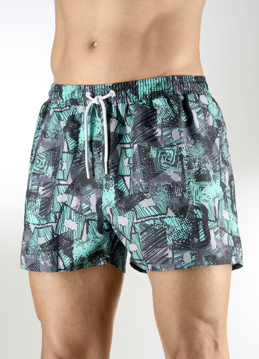 Badeshorts - Badeshorts mit Seitentaschen, Microfaser, in Größe 004 bis 012, in Farbe TÜRKIS-GRAU
