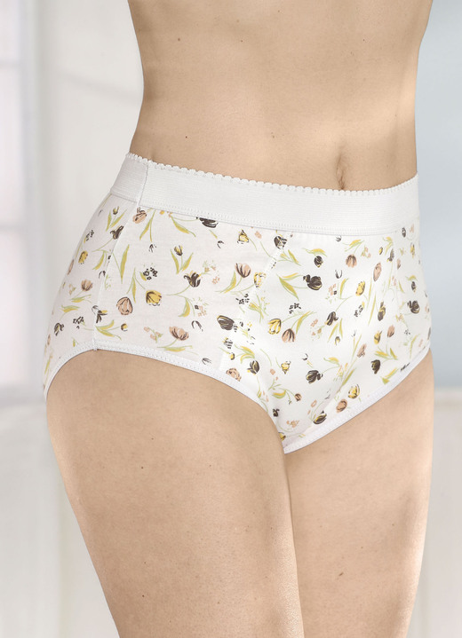 Slips - Viererpack Formslips mit verstärkter Bauchpartie, in Größe 038 bis 056, in Farbe 2X ECRU MIT MOTIV, 2X ECRU-GELB-GRÜN BEDRUCKT Ansicht 3