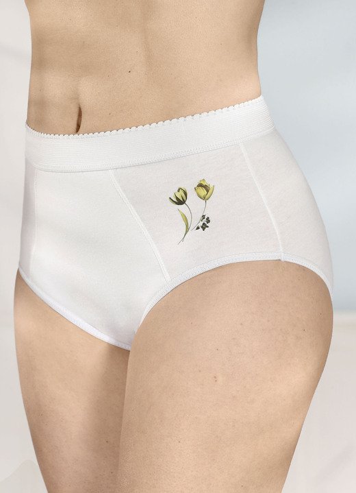 Slips - Viererpack Formslips mit verstärkter Bauchpartie, in Größe 038 bis 056, in Farbe 2X ECRU MIT MOTIV, 2X ECRU-GELB-GRÜN BEDRUCKT Ansicht 1