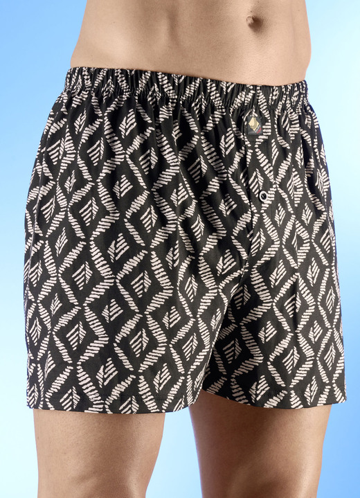 Pants & Boxershorts - Viererpack Boxershorts mit knöpfbarem Eingriff, in Größe 005 bis 016, in Farbe 2X SCHWARZ-SAND, 2X UNI SCHWARZ
