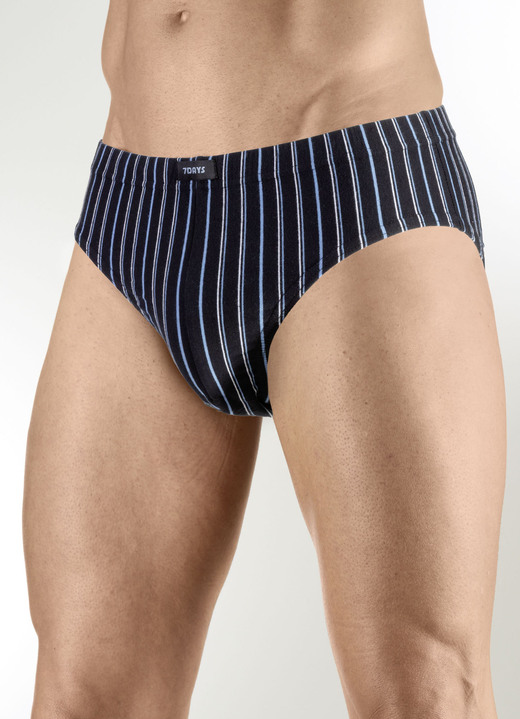 Slips & Unterhosen - Viererpack Slips mit Dehnbund, in Größe 3XL (9) bis XXL (8), in Farbe 1X SCHWARZ-BLAU-WEISS, 1X UNI SCHWARZ, 1X MARINE-ROT-WEISS, 1X UNI MARINE Ansicht 1