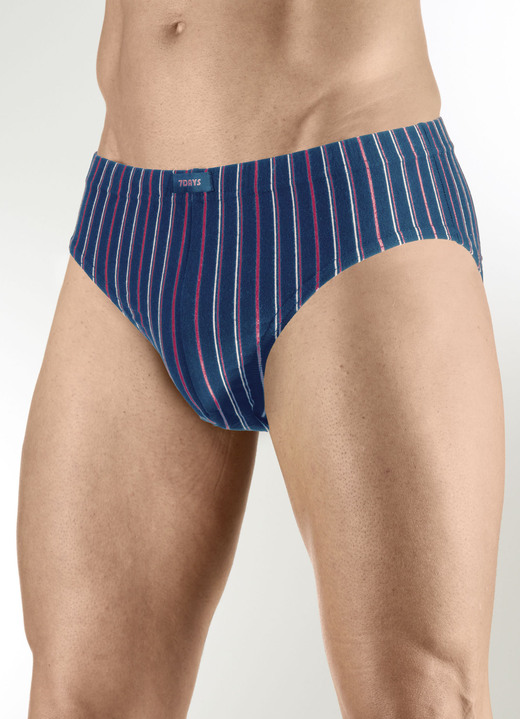 Slips & Unterhosen - Viererpack Slips mit Dehnbund, in Größe 3XL (9) bis XXL (8), in Farbe 1X SCHWARZ-BLAU-WEISS, 1X UNI SCHWARZ, 1X MARINE-ROT-WEISS, 1X UNI MARINE Ansicht 2