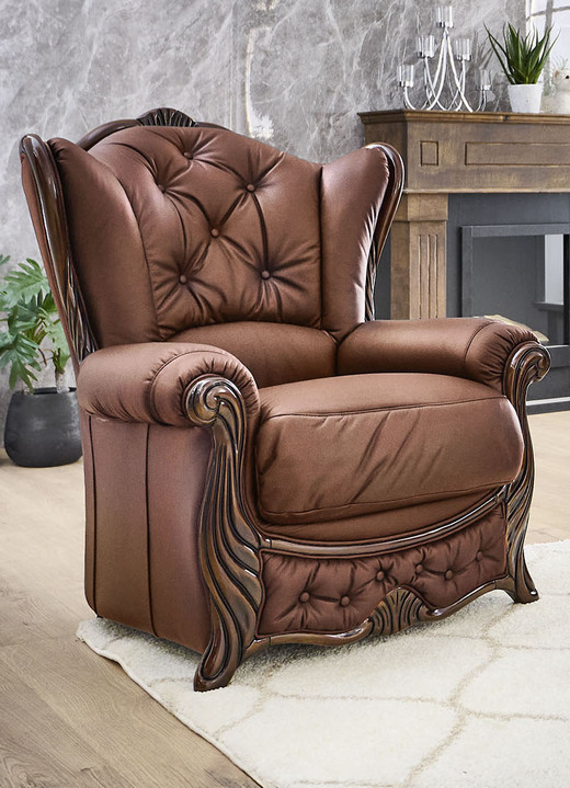 Polstergruppen - Polstermöbel aus Massivholz mit echtem Leder-Bezug, in Farbe CREME, in Ausführung Polstergruppe, 2-teilig (1 Dreisitzer, 1 Sessel) Ansicht 13