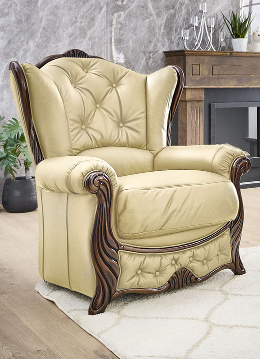 Polstergruppen - Polstermöbel aus Massivholz mit echtem Leder-Bezug, in Farbe CREME, in Ausführung Polstergruppe, 2-teilig (1 Dreisitzer, 1 Sessel) Ansicht 14