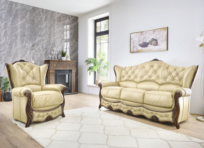 Polstergruppen - Polstermöbel aus Massivholz mit echtem Leder-Bezug, in Farbe CREME, in Ausführung Polstergruppe, 2-teilig (1 Dreisitzer, 1 Sessel) Ansicht 1