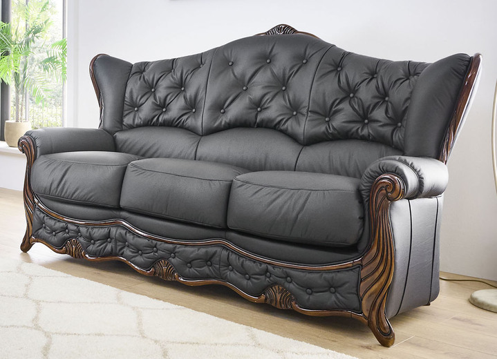 Polstergruppen - Polstermöbel aus Massivholz mit echtem Leder-Bezug, in Farbe CREME, in Ausführung Polstergruppe, 2-teilig (1 Dreisitzer, 1 Sessel) Ansicht 3