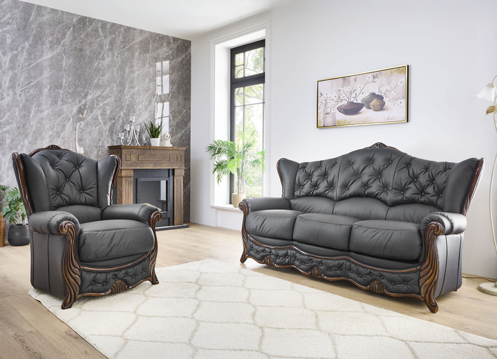 Polstergruppen - Polstermöbel aus Massivholz mit echtem Leder-Bezug, in Farbe CREME, in Ausführung Polstergruppe, 2-teilig (1 Dreisitzer, 1 Sessel) Ansicht 9