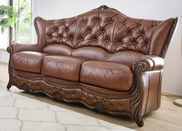 Polstergruppen - Polstermöbel aus Massivholz mit echtem Leder-Bezug, in Farbe CREME, in Ausführung Polstergruppe, 2-teilig (1 Dreisitzer, 1 Sessel) Ansicht 2