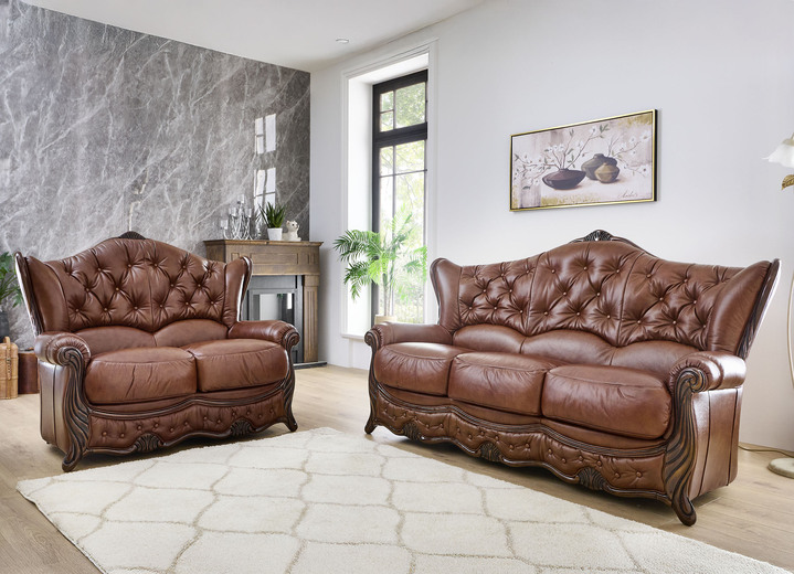 Polstergruppen - Polstermöbel aus Massivholz mit echtem Leder-Bezug, in Farbe CREME, in Ausführung Polstergruppe, 2-teilig (1 Dreisitzer, 1 Sessel) Ansicht 8