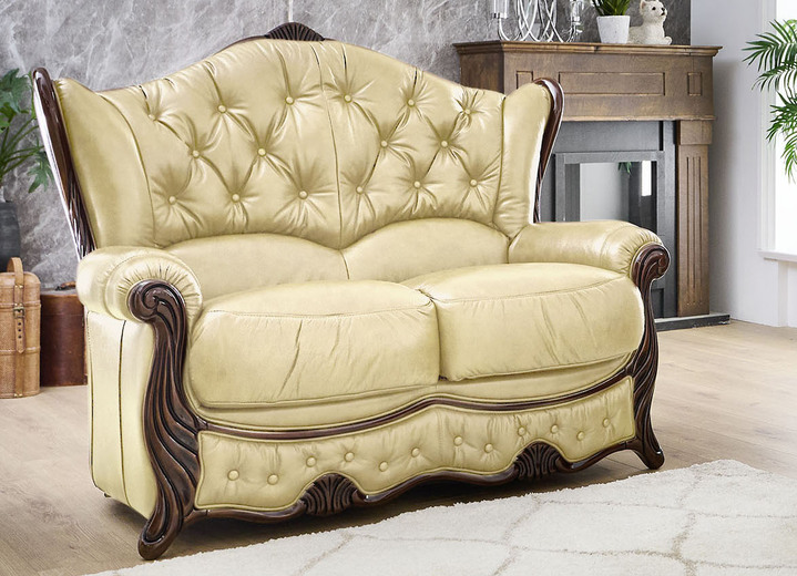 Polstergruppen - Polstermöbel aus Massivholz mit echtem Leder-Bezug, in Farbe CREME, in Ausführung Polstergruppe, 2-teilig (1 Dreisitzer, 1 Sessel) Ansicht 12