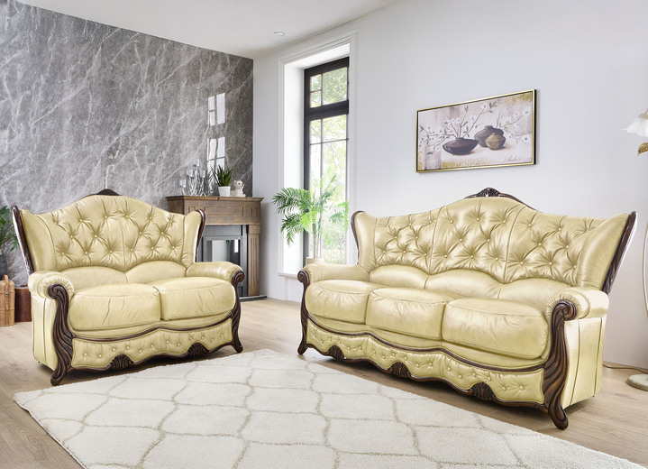 Polstergruppen - Polstermöbel aus Massivholz mit echtem Leder-Bezug, in Farbe CREME, in Ausführung Polstergruppe, 2-teilig (1 Dreisitzer, 1 Sessel) Ansicht 20