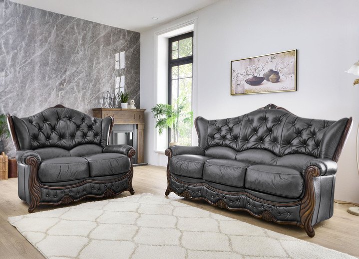 Polstergruppen - Polstermöbel aus Massivholz mit echtem Leder-Bezug, in Farbe CREME, in Ausführung Polstergruppe, 2-teilig (1 Dreisitzer, 1 Sessel) Ansicht 19