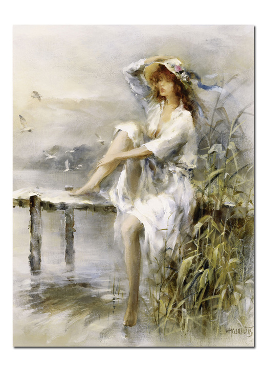 Landschaft - Bild Nachdenkliche Frau an einem Idyllischen See vom Künstler Willem Haenraets, in Farbe GRAU Ansicht 2