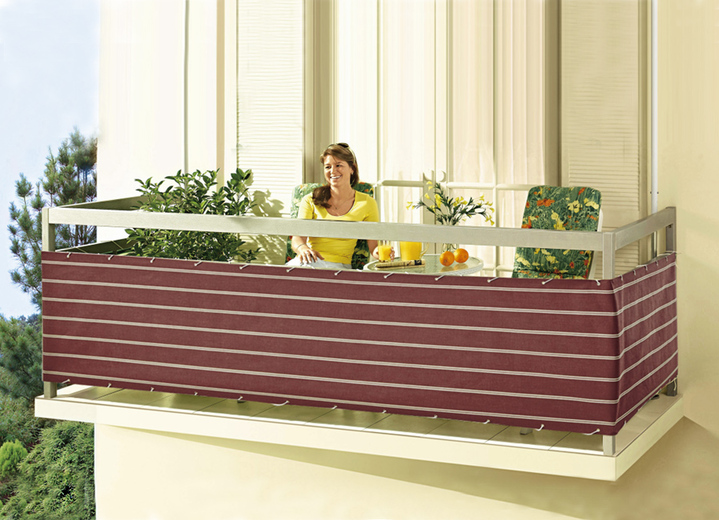 Sichtschutz - Balkonbespannung mit Ösen und Schnur, in Größe 075 (Höhe 75 cm) bis 090 (Höhe 90 cm), in Farbe BEERE-GESTREIFT Ansicht 1