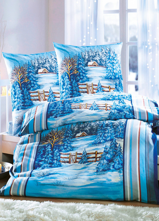 Bettwäschegarnituren - Feinbiber-Bettwäsche-Garnitur mit Sanfor-Ausrüstung, in Größe 112 (80/80 cm + 135/200 cm) bis 115 (80/80 cm + 155/220 cm), in Farbe BLAU