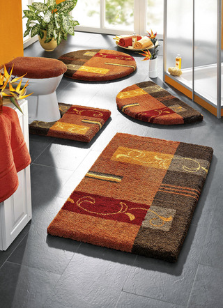 Badgarnituren - Supersoft Badgarnitur mit rutschhemmender Latexierung – Farbe TERRA – Ansicht  Badgarnituren - Supersoft Badgarnitur mit rutschhemmender Latexierung, in Größe 100 (Vorleger halbrund, 50/ 80 cm) bis 112 (Deckelbezug mit Kordel, 47/ 50 cm), in Farbe BLAU – Farbe TERRA – Ansicht