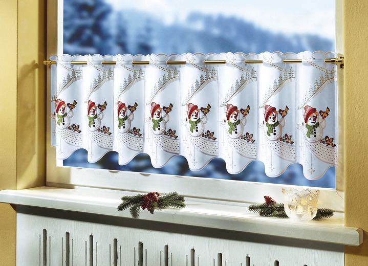 Plauener Stickerei - Kurzstore Schneemann und Vogel, in Größe 822 (H35xB96 cm) bis 844 (H55xB144 cm), in Farbe WEISS