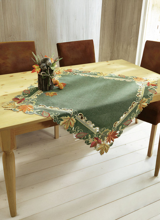 Tischdecken - Tisch- und Raumdekoration mit Herbstlaub-Stickereien, in Größe 101 (Läufer oval, 30x 70 cm) bis 404 (Kissenhülle, 40x 40 cm), in Farbe GRÜN Ansicht 3