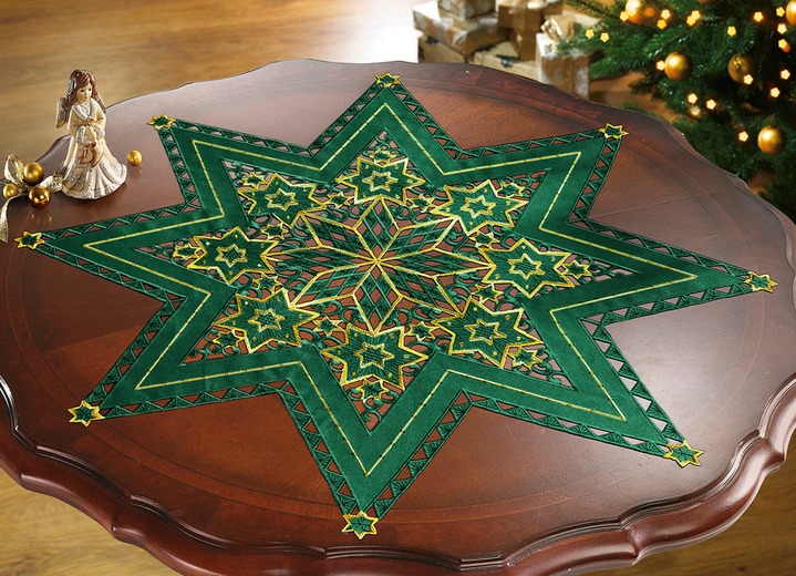 Tischdecken - Wunderhübsch bestickte Tischdekoration , in Größe 130 (Stern, 2er-Set, ø 30 cm) bis 190 (Tischdecke, 85x85 cm), in Farbe GRÜN Ansicht 1