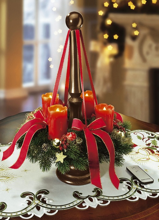 Gestecke & Kränze - Adventskranz mit Holzständer und LED-Echtwachskerzen, in Farbe ROT