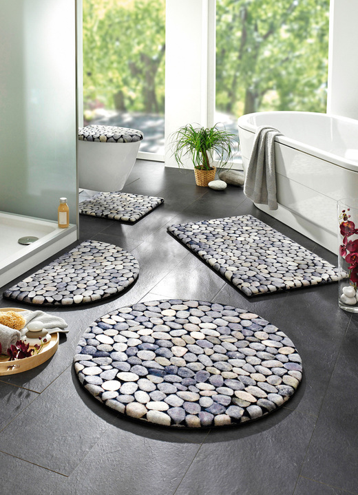 Badgarnituren - Pflegeleichte Badgarnitur mit Kieselsteinen-Motiv, in Größe 100 (Vorleger halbrund, 50/ 80 cm) bis 112 (Motiv-WC-Deckelbez., 47/ 50 cm), in Farbe GRAU Ansicht 2