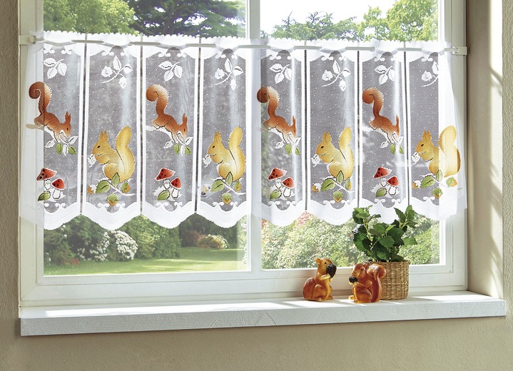 Kurzgardinen - Herbstlicher Kurzstore mit Eichhörnchen, in Größe 784 (H45xB105 cm) bis 796 (H45xB165 cm), in Farbe WEISS-BRAUN