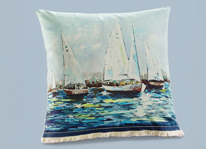 Dekokissen & Hüllen - Kissenhüllen mit den bildhübschen maritimen Dessins, in Farbe WEISS-BLAU, in Ausführung Segelboote Ansicht 1
