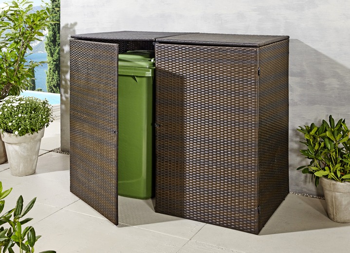 Gartengeräte und Zubehör - Doppel-Mülltonnenschrank mit witterungsbeständigem Kunststoffgeflecht, in Farbe BRAUN, in Ausführung Für 2 kleine Tonnen