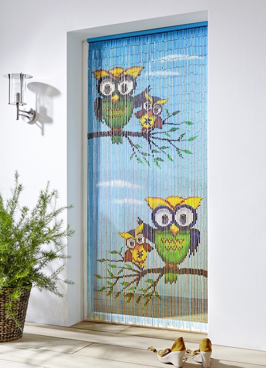 Sicht- & Sonnenschutz - Von Hand bemalter Bambusvorhang mit Eulen Motiv, in Farbe BUNT