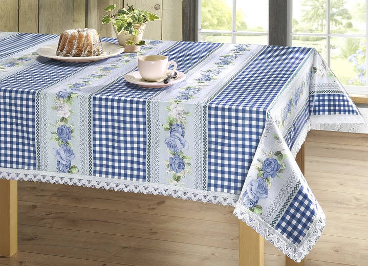 - Pflegeleichte Wachstuch-Tischserie in Landhaus-Optik, in Größe 110 (Tischdecke, 110/140 cm) bis 180 (Mitteldecke, 80/ 80 cm), in Farbe BLAU
