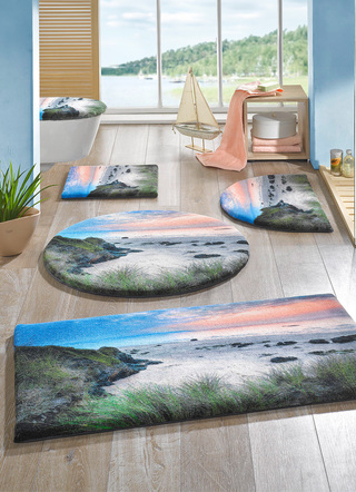 Badgarnituren - Badgarnitur mit rutschhemmender Latex-Rückseite Badgarnituren - Badgarnitur mit rutschhemmender Latex-Rückseite, in Größe 100 (Vorleger halbrund, 50/ 80 cm) bis 112 (Motiv-WC-Deckelbezug, 47/ 50 cm), in Farbe