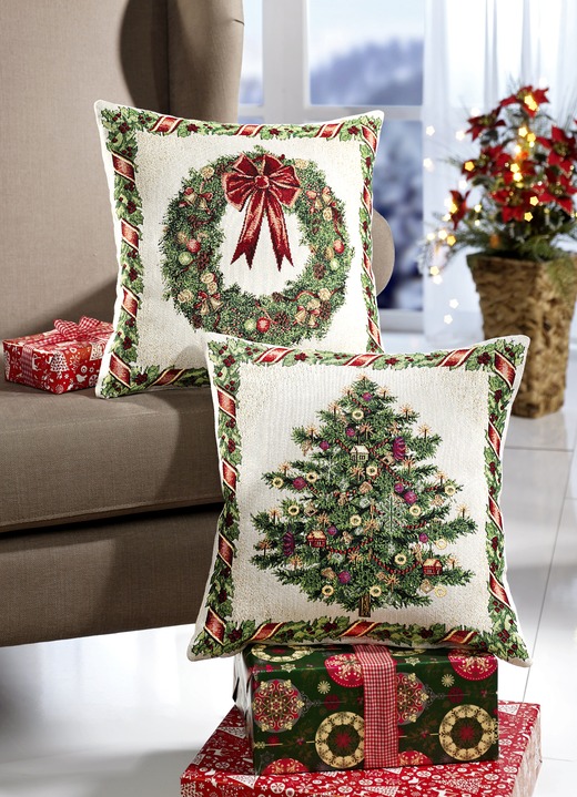 Dekokissen & Hüllen - Kissenbezüge mit weihnachtlichem Motiv, 2er-Set, in Farbe TANNENB.+KRANZ
