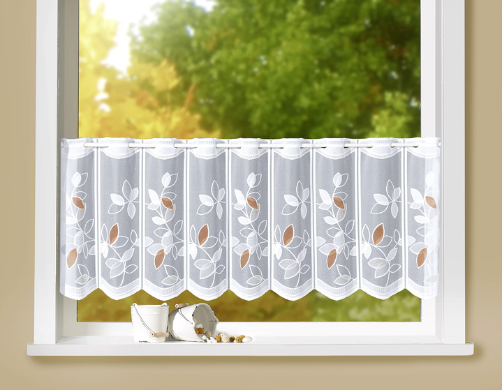 Kurzgardinen - Kurzstore Blätter mit Stangendurchzug, in Größe 788 (H45xB105 cm) bis 862 (H60xB150 cm), in Farbe WEISS-BRAUN Ansicht 2