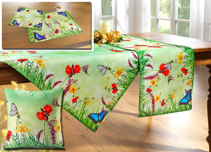 Tischdecken - Tisch- und Raumdekoration mit Schmetterlings-Motiven, in Größe 102 (Läufer, 40x 85 cm) bis 404 (2 Kissenhüllen, 40x 40 cm), in Farbe BUNT