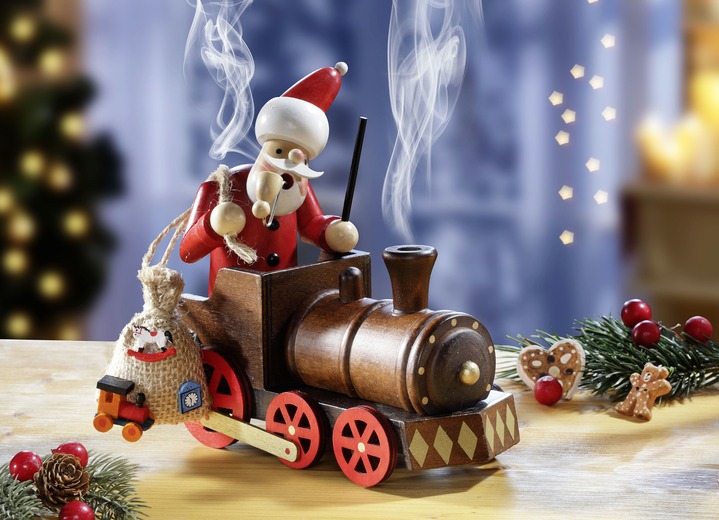 Weihnachtliche Dekorationen - Räucherfigur Weihnachtsmann in einer Lokomotive, in Farbe BRAUN