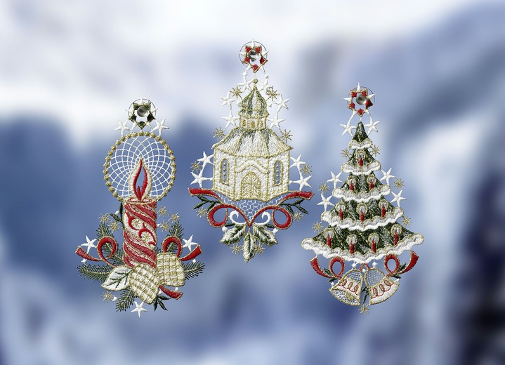 Fensterbilder - Fensterbilder, 3er-Set, aus echter Plauener Spitze, in Farbe ROT-GRÜN-BUNT Ansicht 2