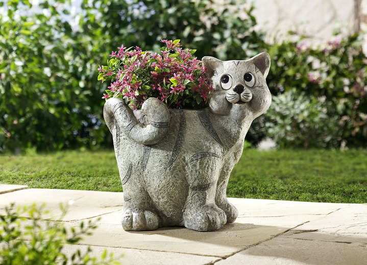 Gartendekoration - Handbemalter Pflanztopf Katze, in Farbe GRAU