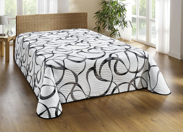 - Tagesdecke & Kissenbezüge in modernem Dessin, in Größe 873 (für Einzelbett, 140x210 cm) bis 924 (2x Kissenhülle, 50x 50 cm), in Farbe SILBER