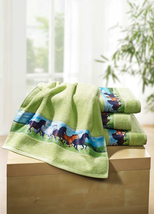 Handtücher - Frottier-Serie mit besonders hochwertig gearbeiteter, bedruckter Bordüre, in Größe 200 (1 Handtuch, 50x100 cm) bis 205 (5-teiliges Sparset: 2 Handtücher, 2 Gästehandtücher und 1 Duschtuch), in Farbe GRÜN Ansicht 2