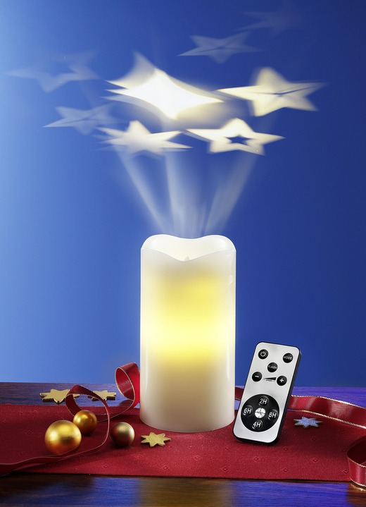 Weihnachtliche Dekorationen - LED-Echtwachskerze mit Projektor, in Farbe CREME, in Ausführung Mit Stern-Motiv