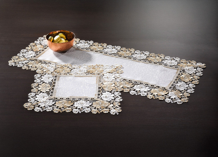 Tischdecken - Tischdecke mit Einfassungen in Spitzen-Optik, in Größe 101 (Läufer, 40x 90 cm) bis 404 (Kissenbezug, 40x 40 cm), in Farbe CREME Ansicht 2