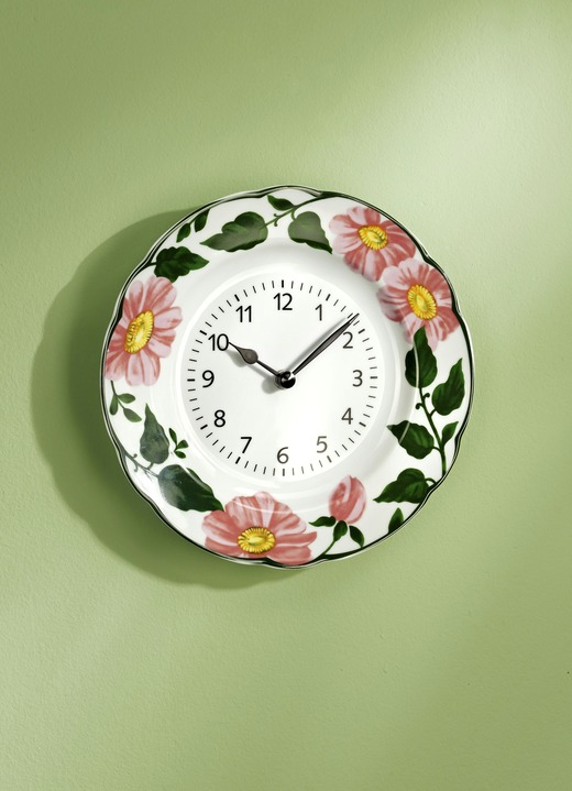 Uhren - Wanduhr aus Porzellan mit Wildrosen-Motiv, in Farbe WEIß