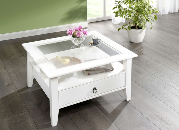Couchtische - Massivholz Couchtisch im Landhaus-Stil, in Farbe WEISS, in Ausführung quadratisch, mit 1 Schublade Ansicht 1