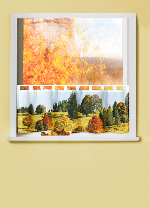 Kurzgardinen - Kurzstore mit Herbstlandschaft, in Größe 784 (H45xB 90 cm) bis 859 (H60xB140 cm), in Farbe BUNT Ansicht 1