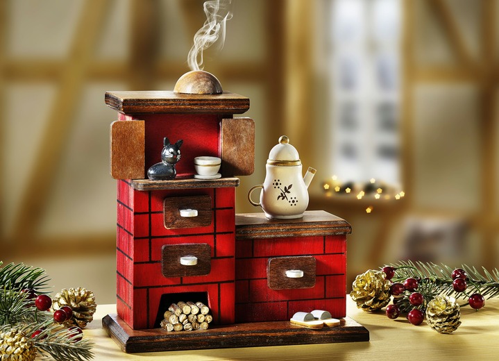 Weihnachtliche Dekorationen - Räucherofen aus Holz, in Farbe ROT