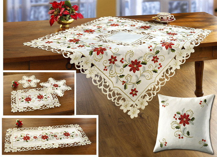 Tischdecken - Tisch- und Raumdekoration mit weihnachtlichen Blüten, in Größe 101 (Deckchen, 35x 50 cm) bis 404 (Kissenbezug, 40x 40 cm), in Farbe SEKT-BUNT