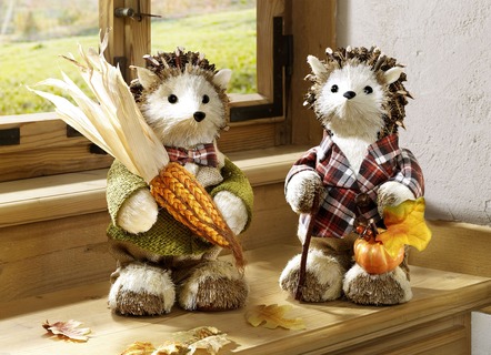 Igel 2-er Set, aus Bast, Naturzapfen und Holz