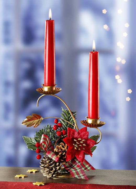 Weihnachtliche Dekorationen - Kerzenhalter aus goldfarbenem Eisen, in Farbe ROT-GRÜN-GOLD