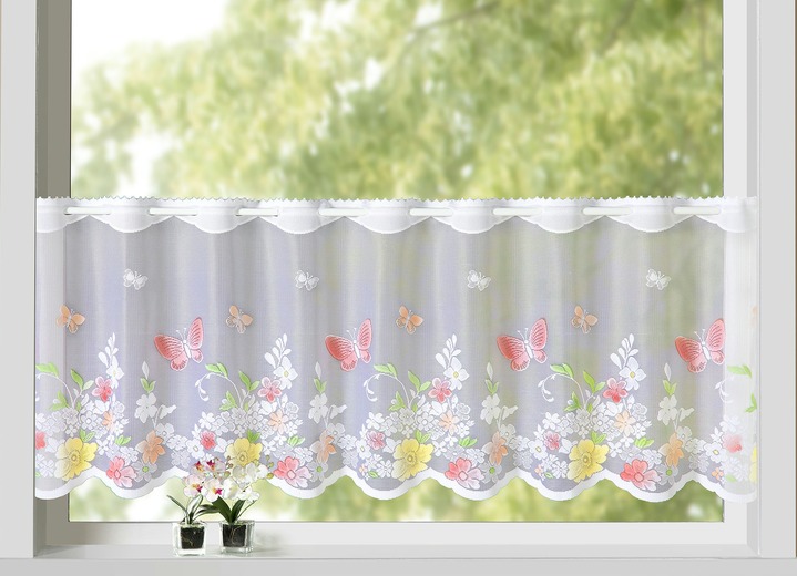 Kurzgardinen - Kurzstore aus handkoloriertem Jacquard Ansicht 2 Kurzgardinen - Kurzstore aus handkoloriertem Jacquard, in Größe 784 (H45xB 90 cm) bis 861 (H60xB150 cm), in Farbe WEISS-BUNT Ansicht 2
